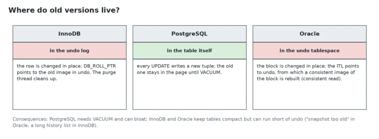 Diagram: where InnoDB, PostgreSQL and Oracle keep old row versions